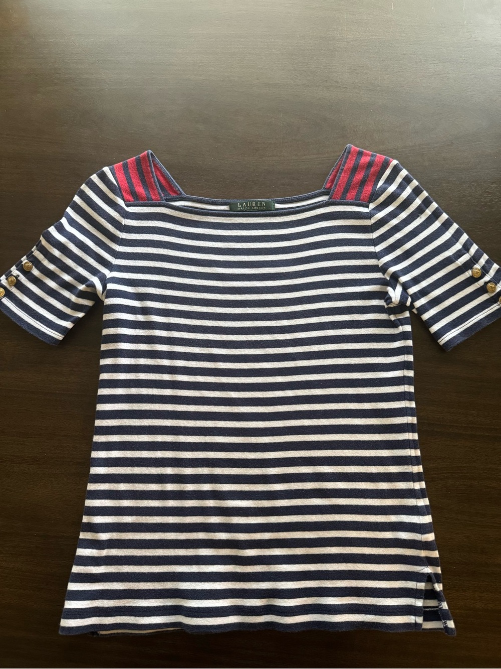 Ralph Lauren Navy & White Striped Boatneck Top with Red Shoulder Stripes